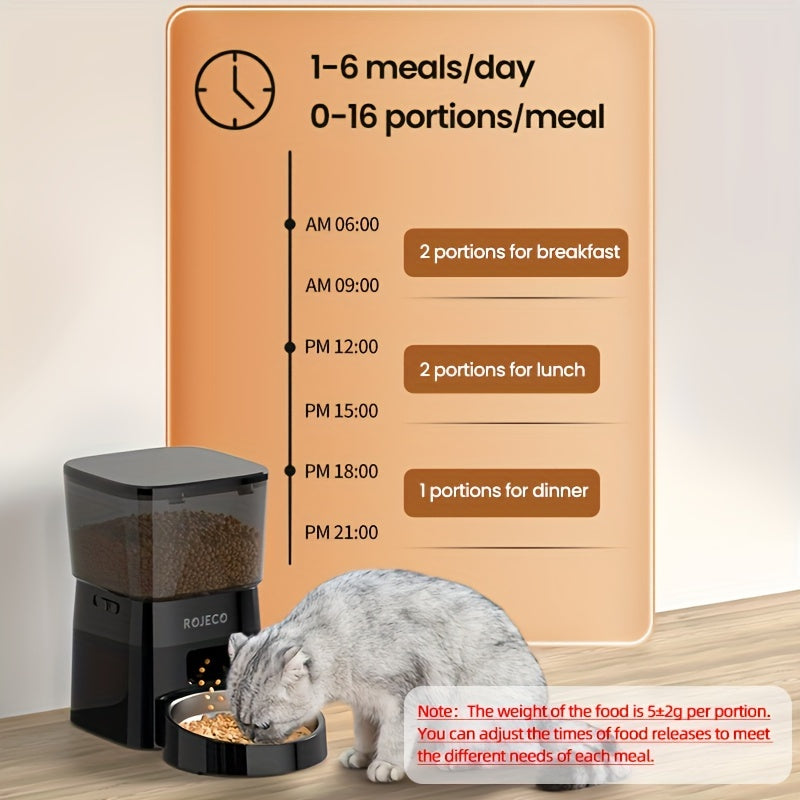 ROJECO Automatic Cat Food Dispenser, 2L Auto Cat Feeder, Timed Cat Feeder Program 1-6 Meals Control, Automatic Cat Feeder With Stainless Steel Bowl & Dual Power Supply, Automatic Pet Feeder For Cats & Dogs, No Adapter Include