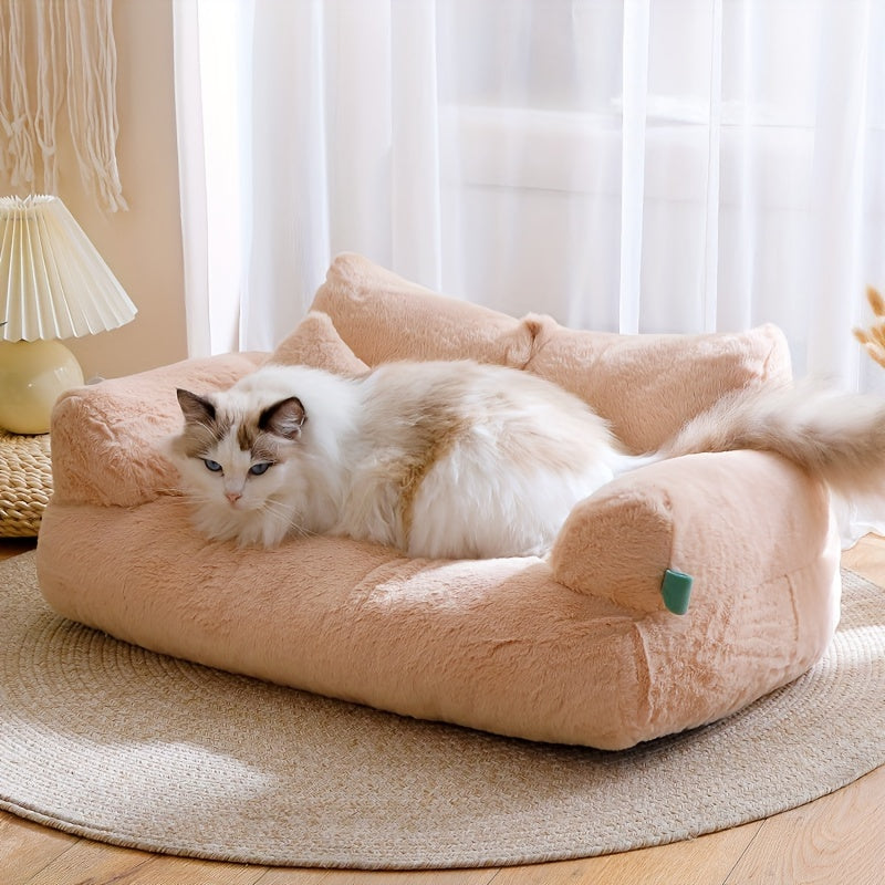 Luxurious Beige Plush Cat Bed - Ultra-Soft, Warm Sofa for Cats with Non-Slip Base & Detachable Cover - Ideal for Snoozing & Relaxing, Easy to Clean, Polyester Fill - Perfect Pet Lounger for Kittens & Cats, Kitten Bed