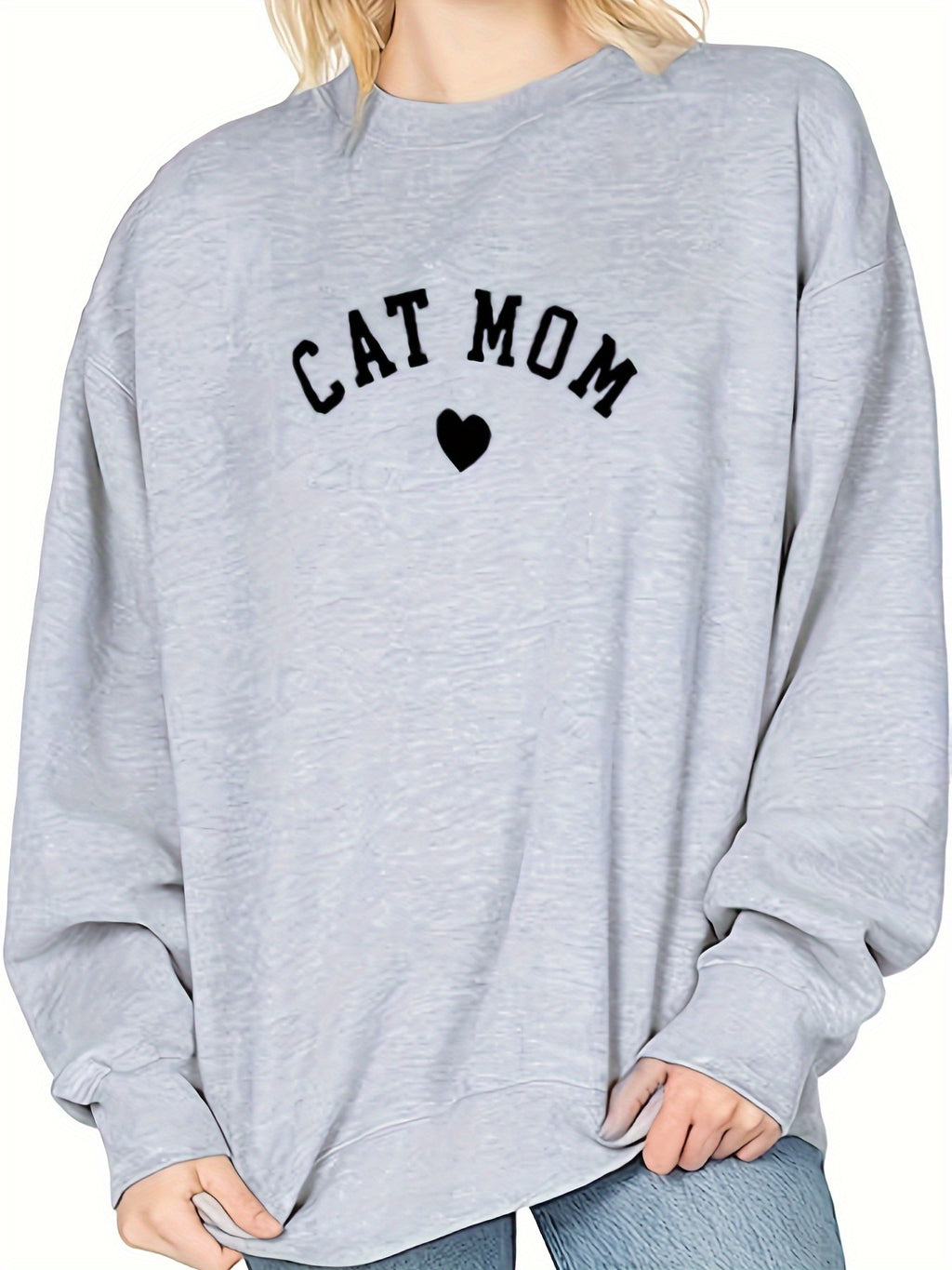 Cat Mom & Heart Print Sweatshirt, Casual Long Sleeve Crew Neck Sweatshirt For Spring & Fall, Women's Clothing