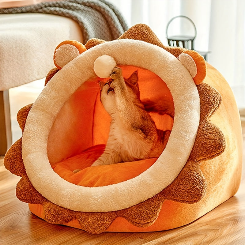Cartoon Lion Shaped Cat Bed, Semi-enclosed Cat Kennel House Plush Cat Cave Nest For Indoor Cats