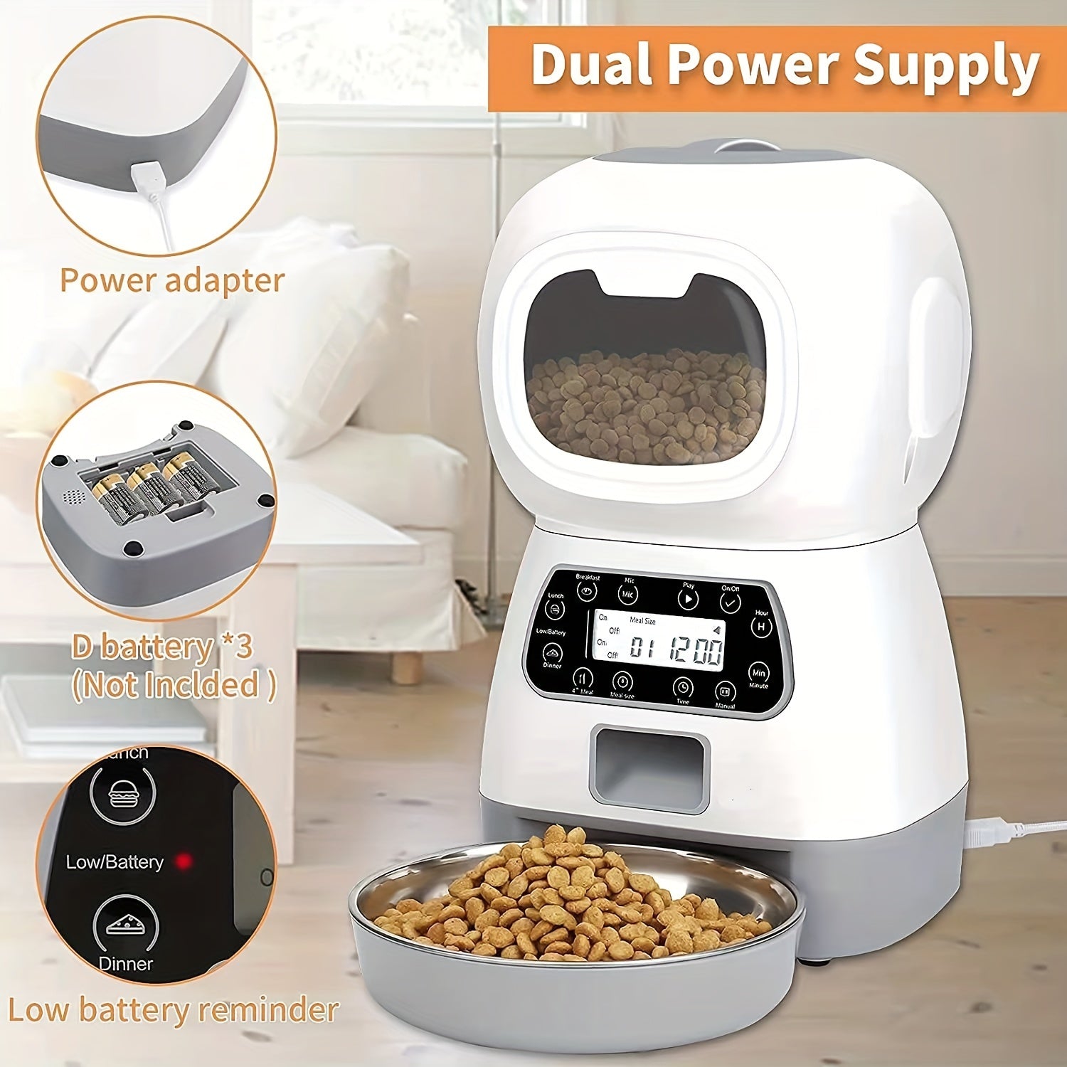 PLAY PETTY 118.35oz Smart Pet Feeder for Cats, 2.4Ghz WiFi Enabled, Battery/USB Dual Power, 10-Second Voice Recording, Feeds 1-4 Times Daily, Target Species: Cat, Without Battery