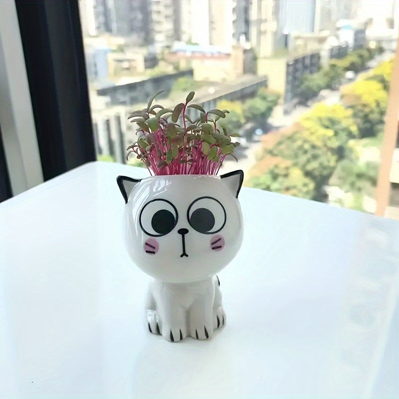[1pc Cute Cat Flower Pot] 1pc Ceramic Mini Cat Cartoon Cute Flower Pot | Desktop Potted Plant DIY Desk Decoration | Youngsters's School Gift