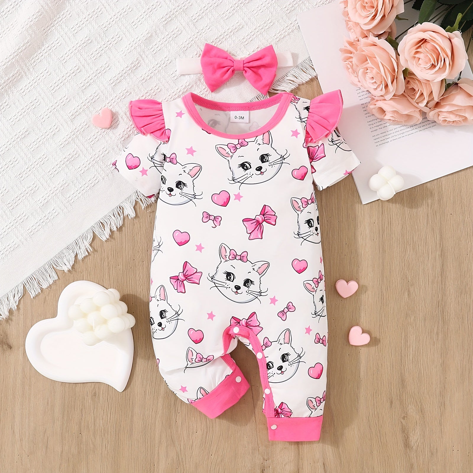 Newborn Baby Girls Cute Cartoon Cat Print Short-sleeved Comfortable Jumpsuit With Bow Headband Baby Summer Clothing