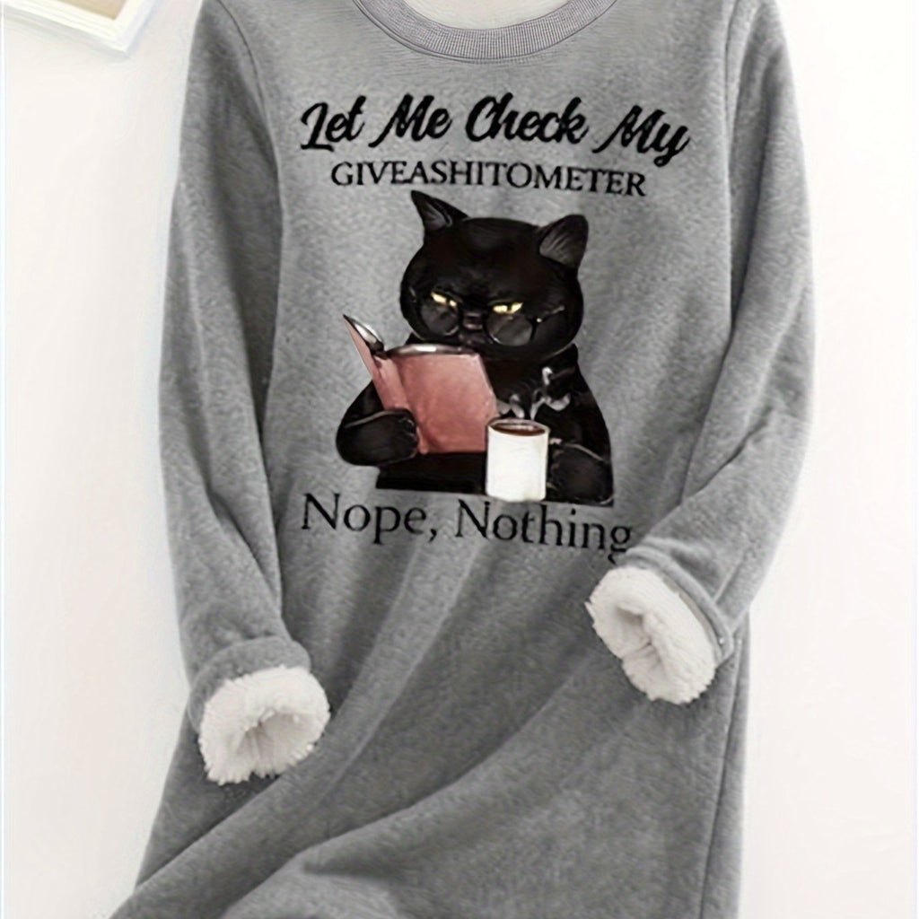 Cozy Plus Size Cat Print Top - Flattering Plush Lined Crew Neck - Stylish Womens Long Sleeve Shirt for Casual Wear
