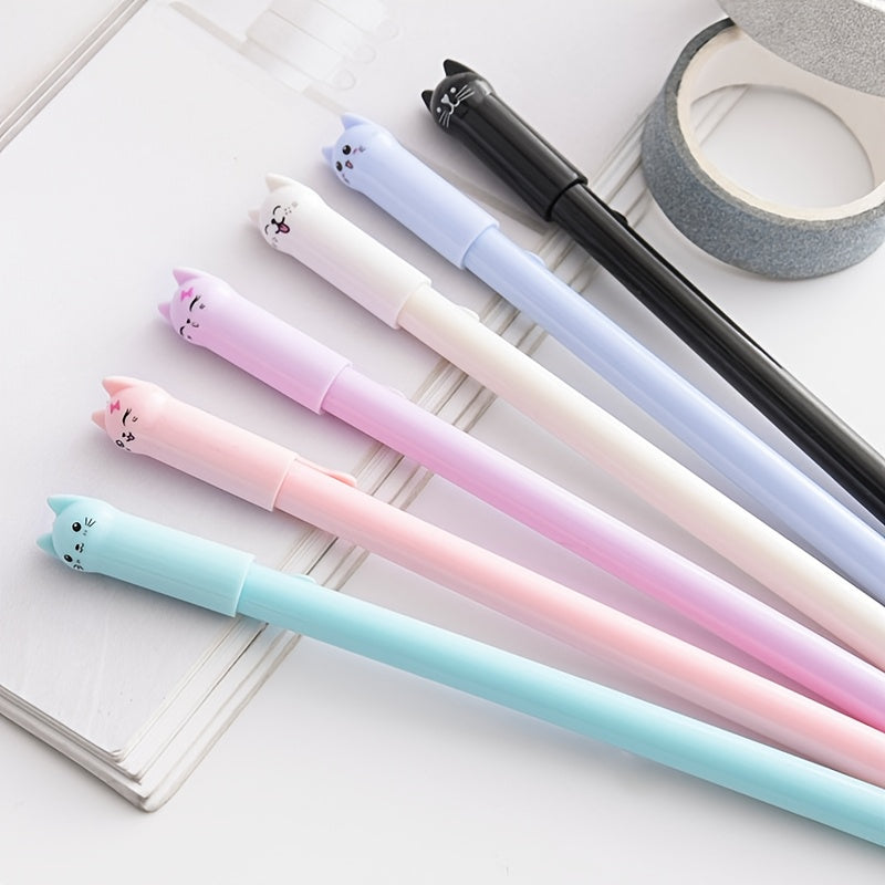 6pcs Whimsical Cartoon Meow Cat Gel Ink Rollerball Pens - Vibrant Black Water-Based Signature Pens for Students and Stationery Enthusiasts - Cute Wagging Tail Design and Smooth Writing Experience