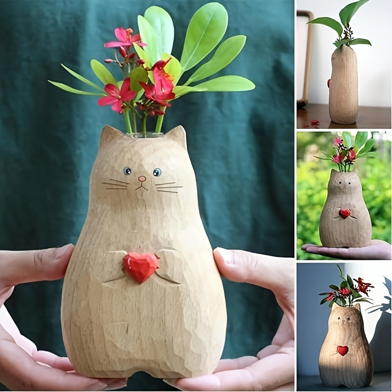 1pc Adorable Cat-Shaped Resin Vase with Red Heart - Perfect for Valentine's Day & Wedding Decor, Ideal for Hydroponic Plants & Flower Arrangements, Versatile Indoor Planter for Home Garden Enthusiasts, Flower Vase