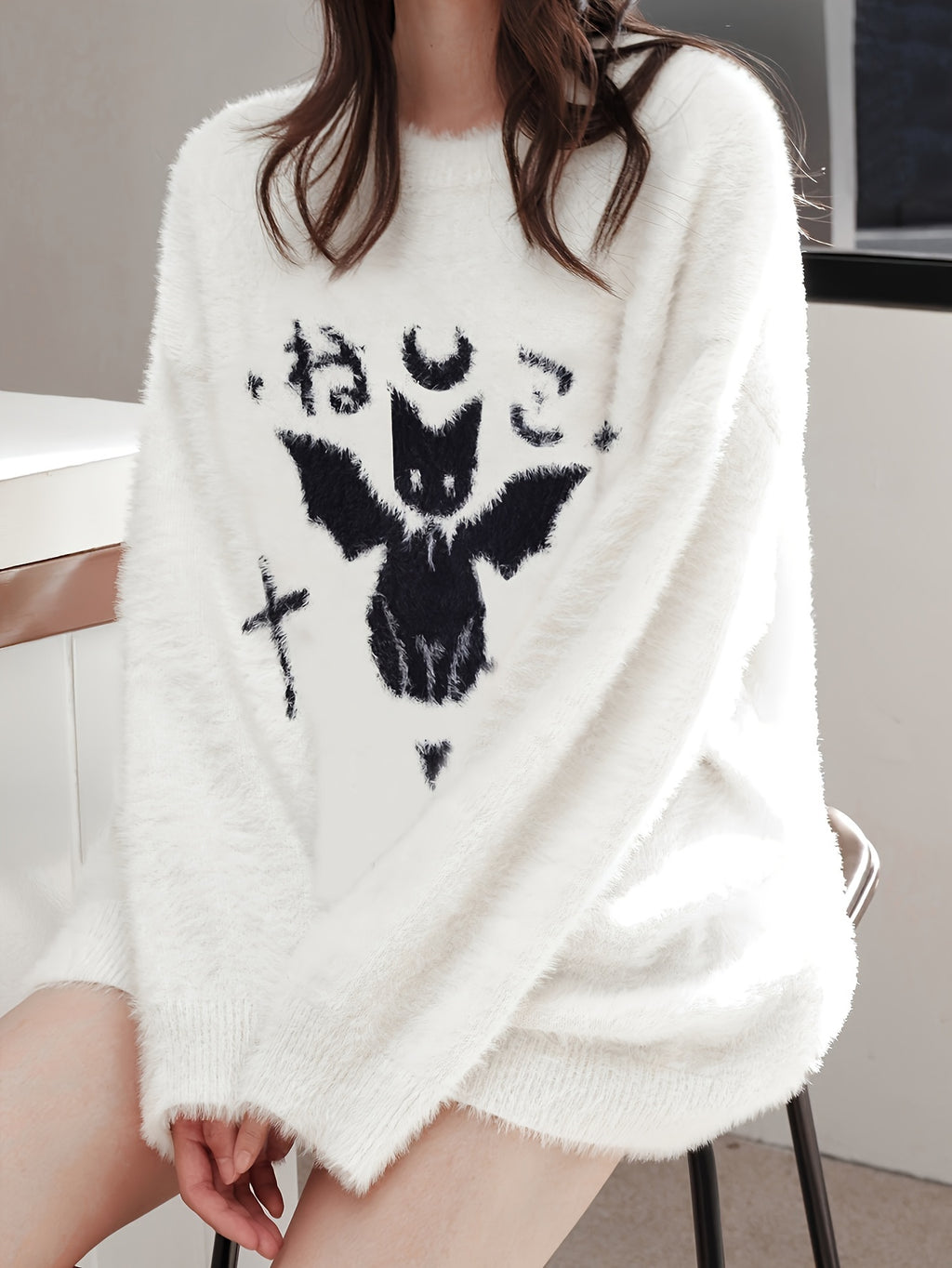Cute Cat Pattern Plush Pullover Sweater, Casual Long Sleeve Loose Cozy Sweater, Women's Clothing