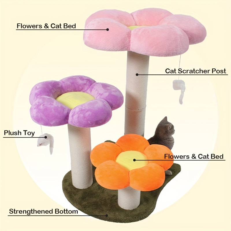 Whimsical Flower Blossom Cat Tower - Multi-Level Cat Scratching Post with Sisal Rope, Plush Perch, and Jumping Platform for Kittens and Cats - Sturdy, Space-Saving, and Easy to Assemble