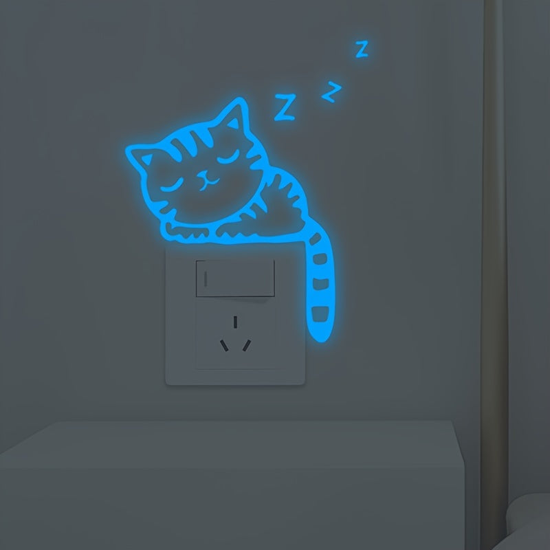 Removable Glow-in-the-Dark Cat Wall Stickers Compatible for Switches & Outlets - Cute Kitten Vinyl Decals with Night Glow, Peel & Stick for Switch Plates in Rooms,, Living Room Decor (No Residue)