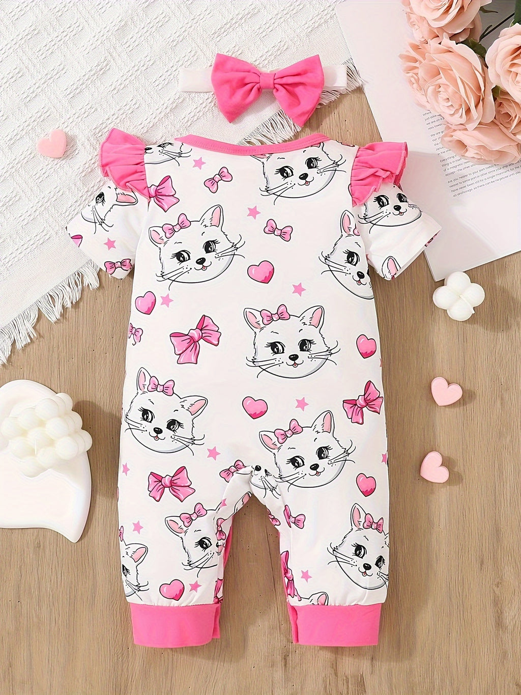 Newborn Baby Girls Cute Cartoon Cat Print Short-sleeved Comfortable Jumpsuit With Bow Headband Baby Summer Clothing