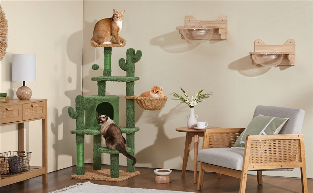 Costoffs Cat Tree, 135cm Height Cat Cactus Tree, Condo Kitten Tree Tower, Cat Furniture with Natural Sisal, Cat Tower with Padded Perch, Platform, Condo, Scratching Posts & Hanging Ball, Cat Furniture for Kittens, Green/Brown