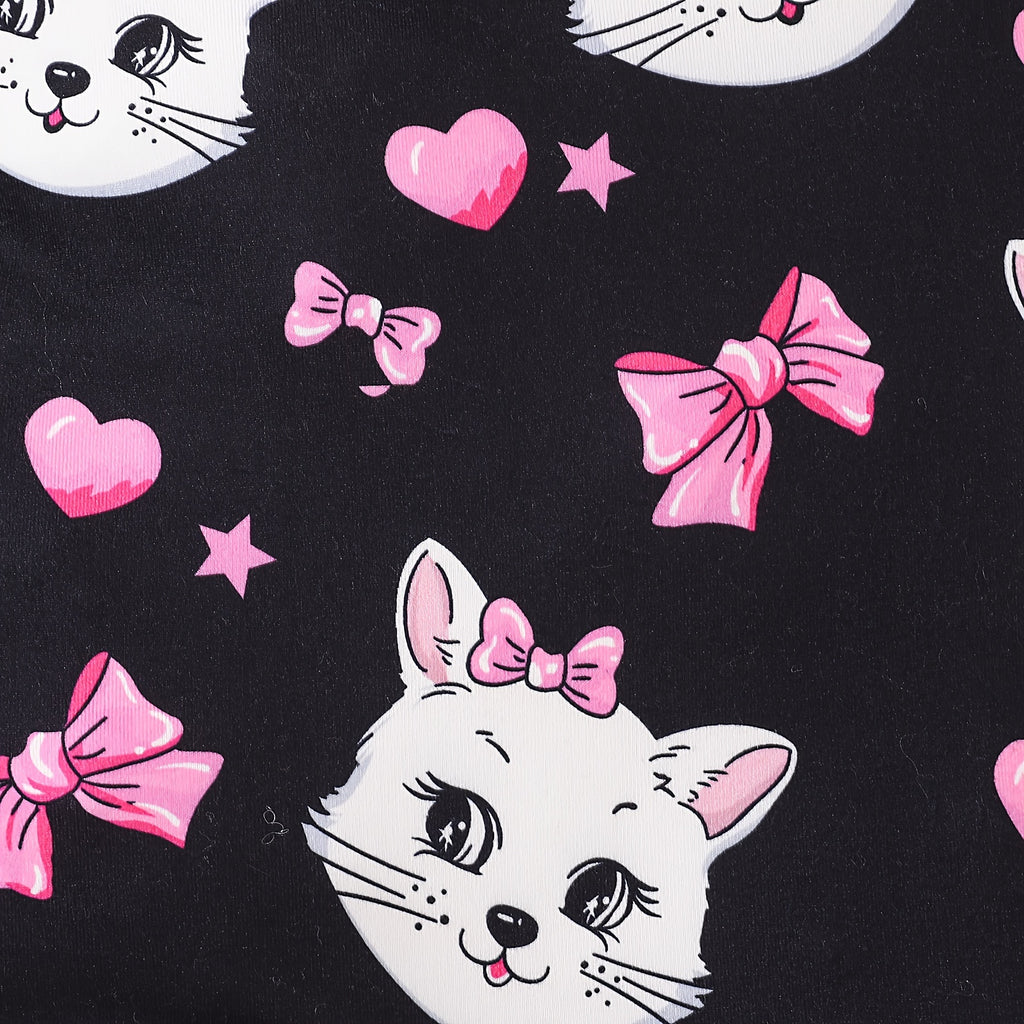 Newborn Baby Girls Cute Cartoon Cat Print Short-sleeved Comfortable Jumpsuit With Bow Headband Baby Summer Clothing