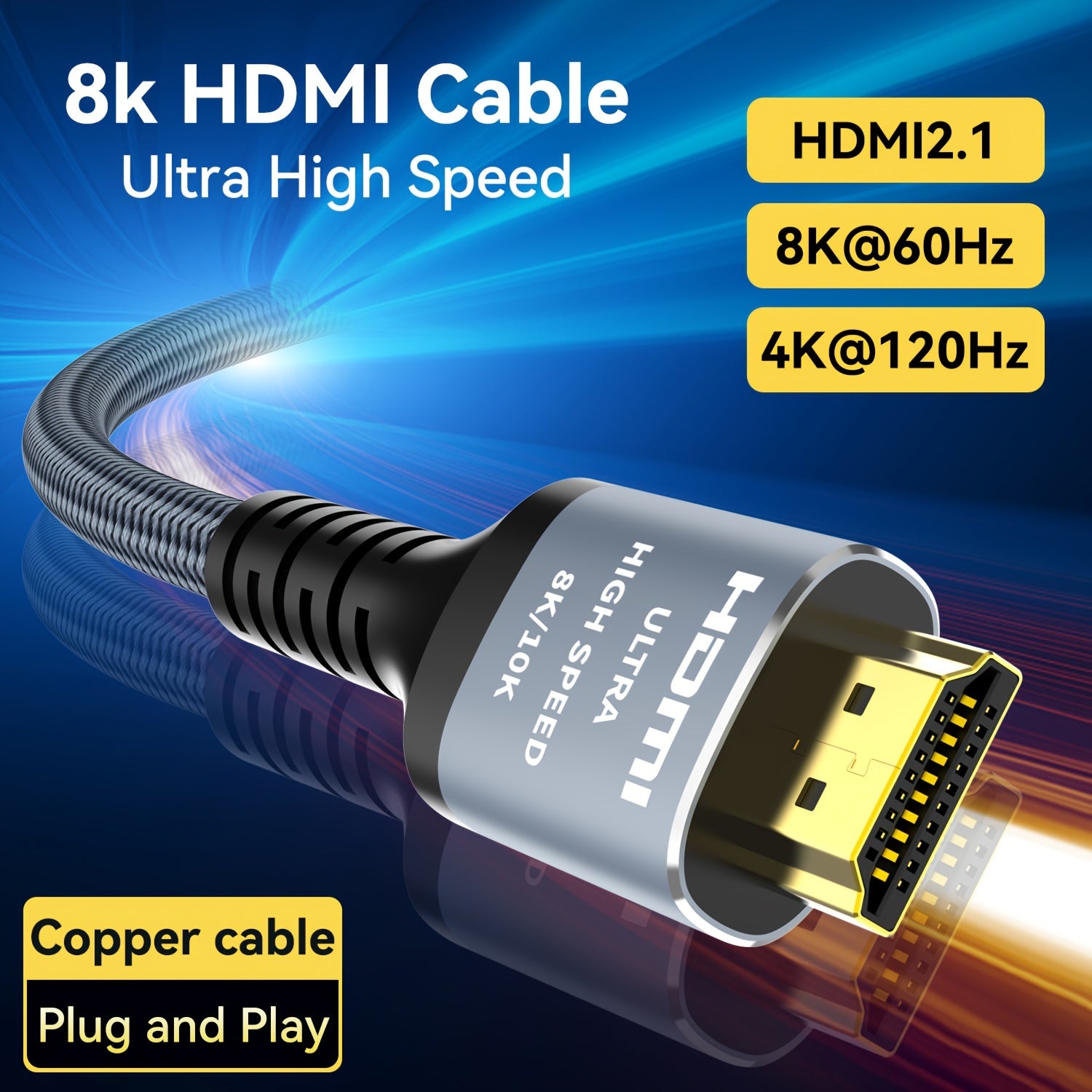 48Gbps 8K HDMI Cable 2.1 - High-Speed Hdmi Braided Cord for 4K@120Hz 8K@60Hz, DTS:X, HDR 10, HDCP 2.2 & 2.3 Compatible - Roku TV, PS5, PS4, HDTV, RTX 3080, RTX 3090, Blu-ray Ready with Cat 8 Ethernet Cable and Uncharged Power