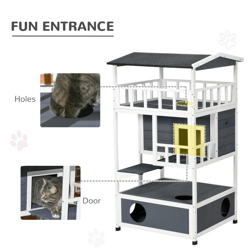 Wooden Outdoor Cat House 3-Tier for Winter Kitten Shelter Lodge w/ Tilted Roof Terrace Jump Step Bottom Tray Elevated Base Waterproof Paint