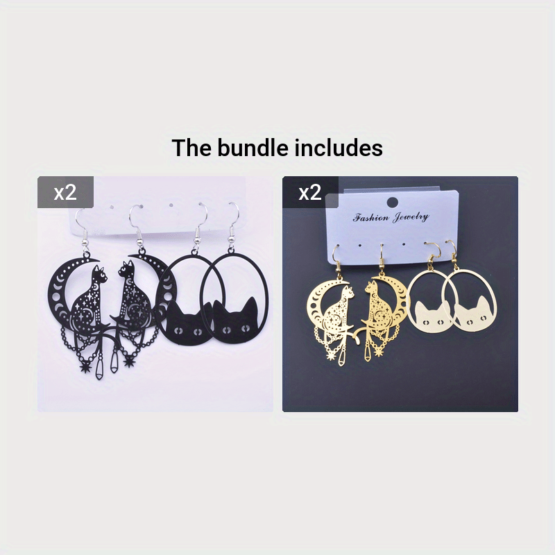 2 Pairs/Set Whimsical Black Cat Moon Hanging Pendant Earrings - Fashionable Golden Color Drop Earrings Jewelry with Lovely Animal Design - Ideal Gift Choice for Girls and Cat Lovers