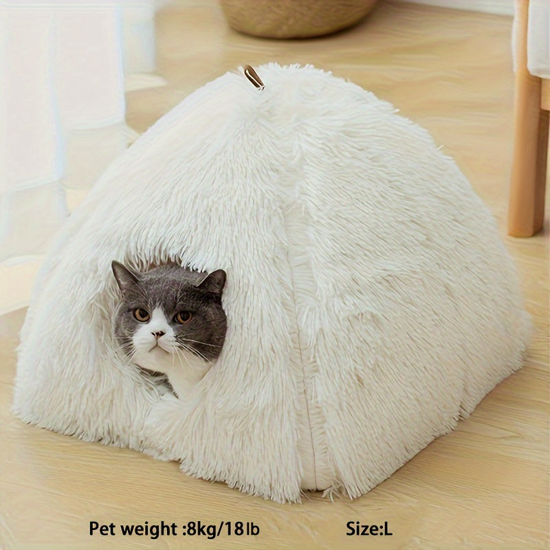 Long Plush Cozy Cat Cave Bed - Soft Polyester Pet House with Non-Slip Bottom, Removable Washable Pads & Arched Entrance Tunnel for Warmth & Comfort, Cute Hideout for Kittens & Cats, Pet Relaxation Space | Cute Cat Cave | Fluf