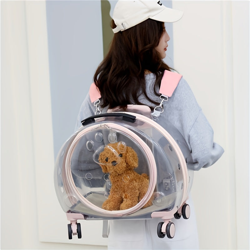 Large Capacity Transparent Pet Carrier with Wheels - Astronaut Capsule Backpack for Dogs & Cats, Portable Pull Rod Design