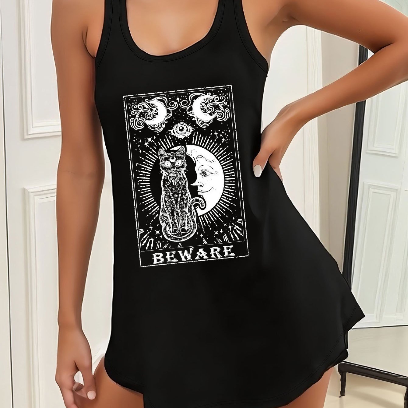 Cat & Moon & Letter Print Lounge Dresses, Cozy Crew Neck Sleeveless Home Dress, Women's Loungewear & Dresses