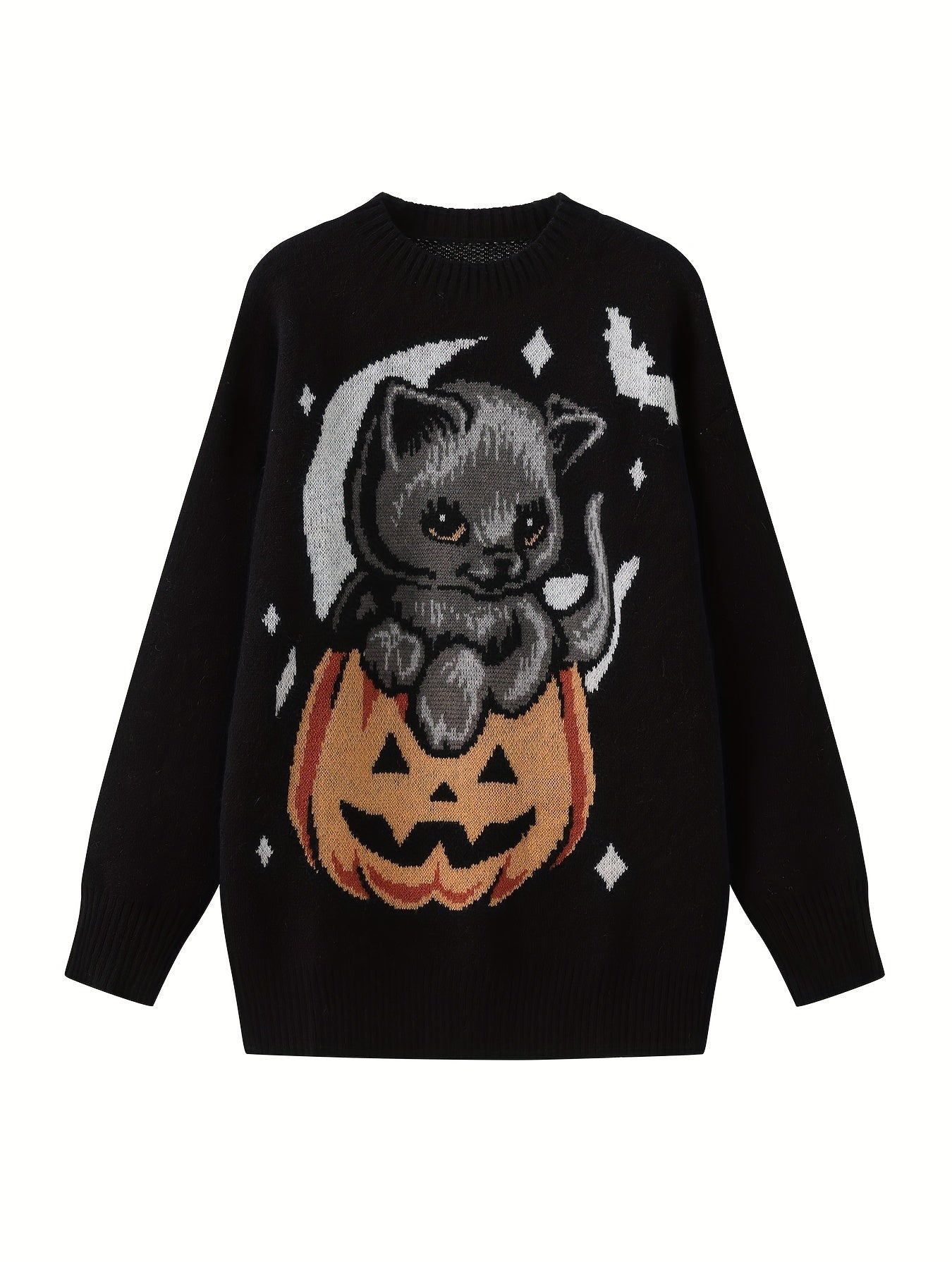 Y2K Pumpkin & Cat Pattern Knit Sweater, Casual Long Sleeve Pullover Sweater, Women's Clothing