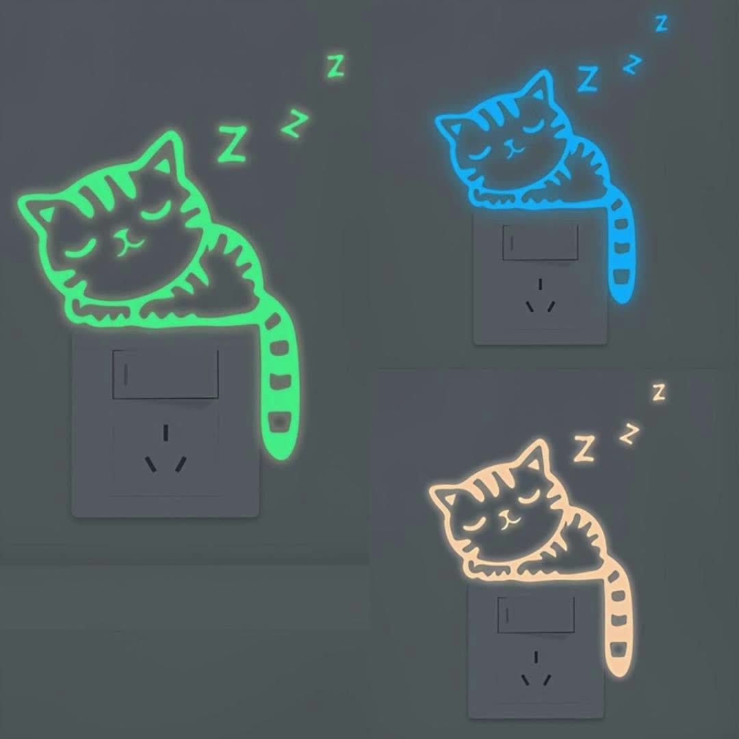 Removable Glow-in-the-Dark Cat Wall Stickers Compatible for Switches & Outlets - Cute Kitten Vinyl Decals with Night Glow, Peel & Stick for Switch Plates in Rooms,, Living Room Decor (No Residue)