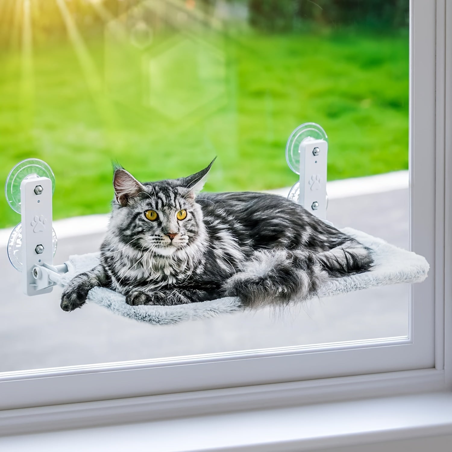[Gray Cat Window Perch] Foldable Gray Cat Window Perch Hammock with Iron Frame and Strong Suction Cups, Indoor Cat Bed Seat