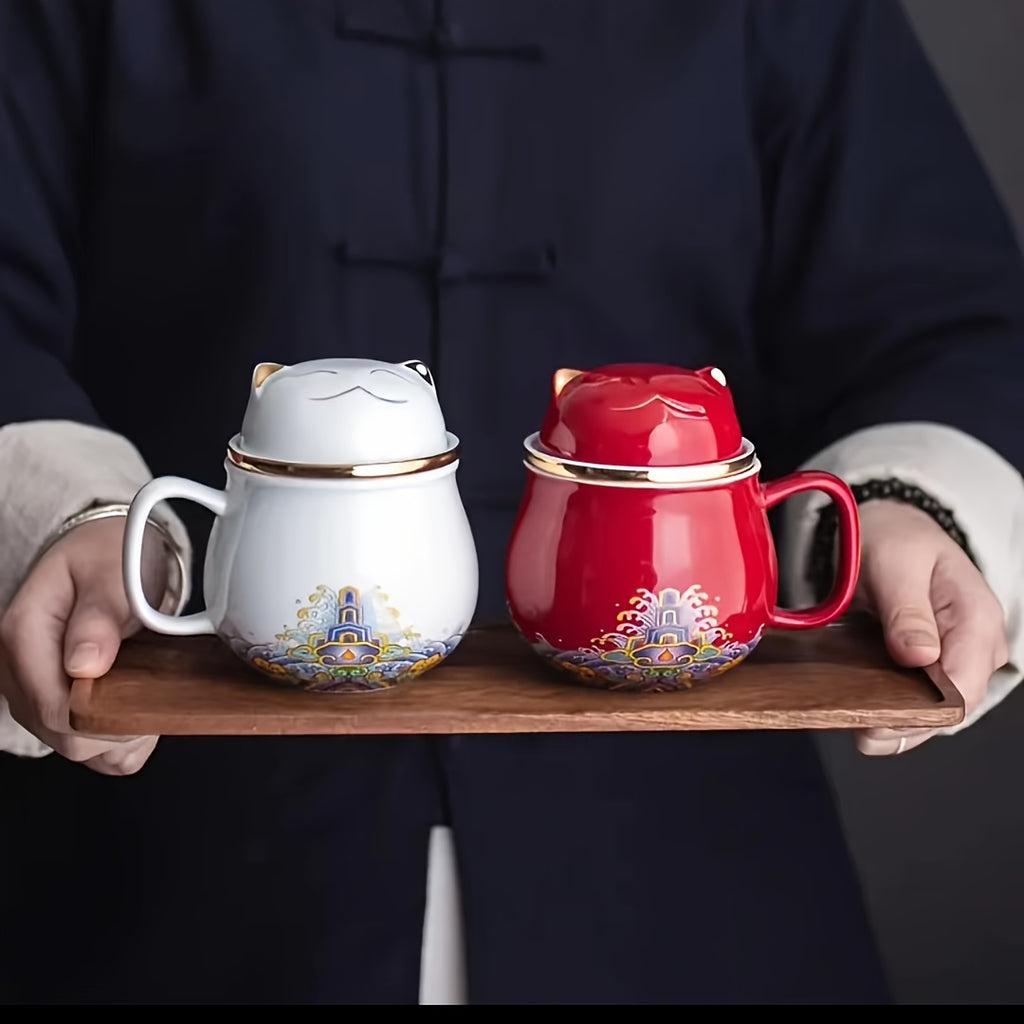 1pc Whimsical Chinese Style Lucky Cat Ceramic Tea Mug - Infused with Tea Infuser and Lid, Perfect for Summer and Winter Drinks, Unique Birthday, Holiday, Christmas, and New Year Gift Idea