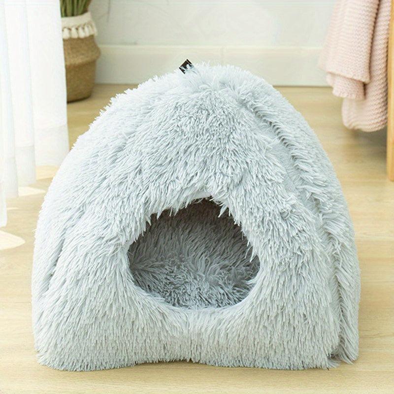 Long Plush Cozy Cat Cave Bed - Soft Polyester Pet House with Non-Slip Bottom, Removable Washable Pads & Arched Entrance Tunnel for Warmth & Comfort, Cute Hideout for Kittens & Cats, Pet Relaxation Space | Cute Cat Cave | Fluf
