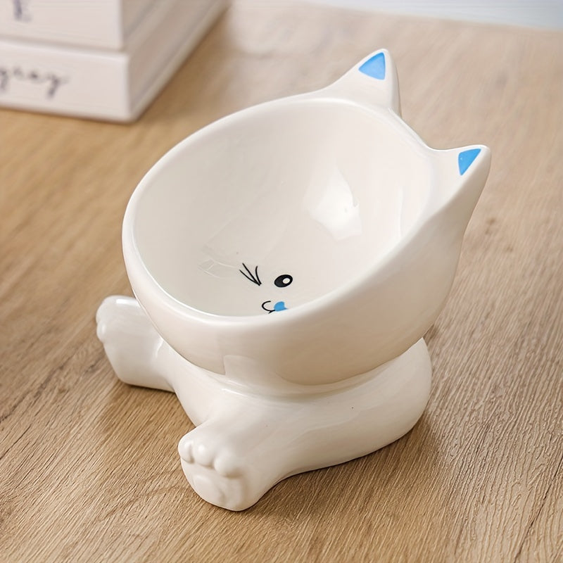 Adorable Cartoon Cat Ceramic Bowl - Elevated, Anti-Spill & Neck Supportive - Tilted Design for Healthy Feeding, Ideal Cat Water Dish