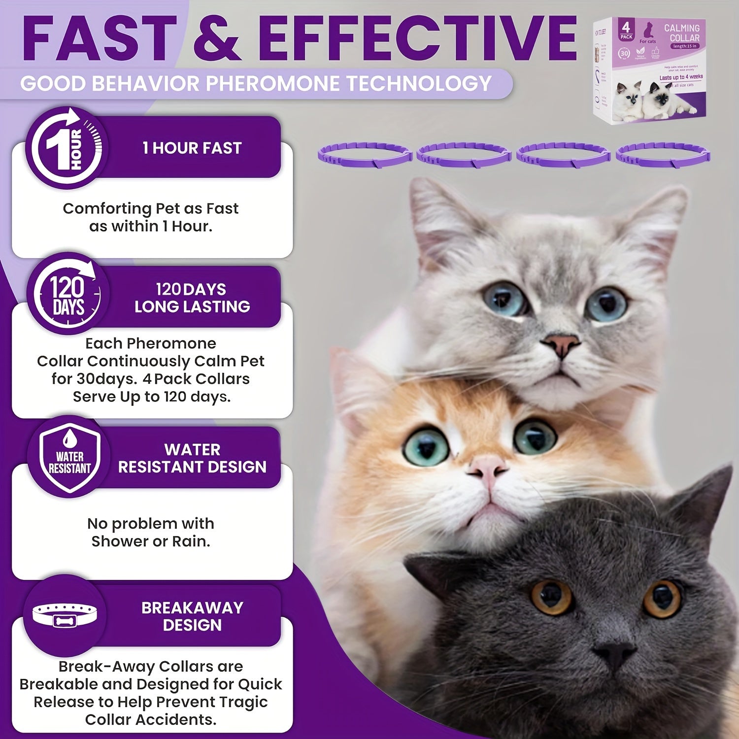 4pcs Calming Pheromone Cat Collars - Adjustable Breakaway Design, Relax for Cats & Kittens, Purple, 50g, Lasts Up to Weeks, Ideal for Small, Medium, Large Cats