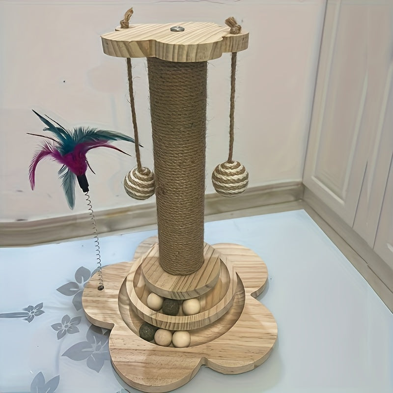 1pc Premium Solid Wood Cat Scratching Post Turntable - Interactive Teaser Stick & Scratch-resistant Board - Durable Sisal Climbing Stand for Playful Felines