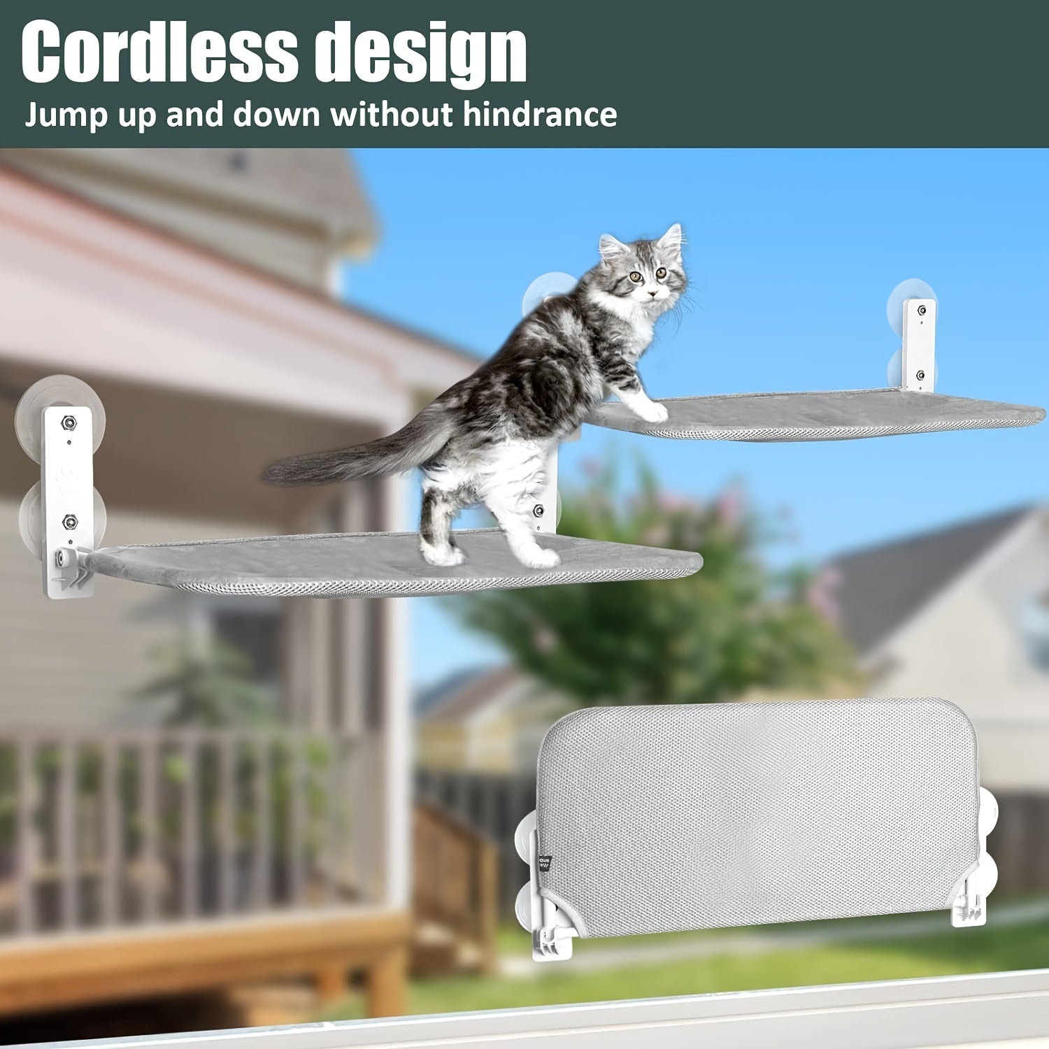 [Gray Cat Window Perch] Foldable Gray Cat Window Perch Hammock with Iron Frame and Strong Suction Cups, Indoor Cat Bed Seat