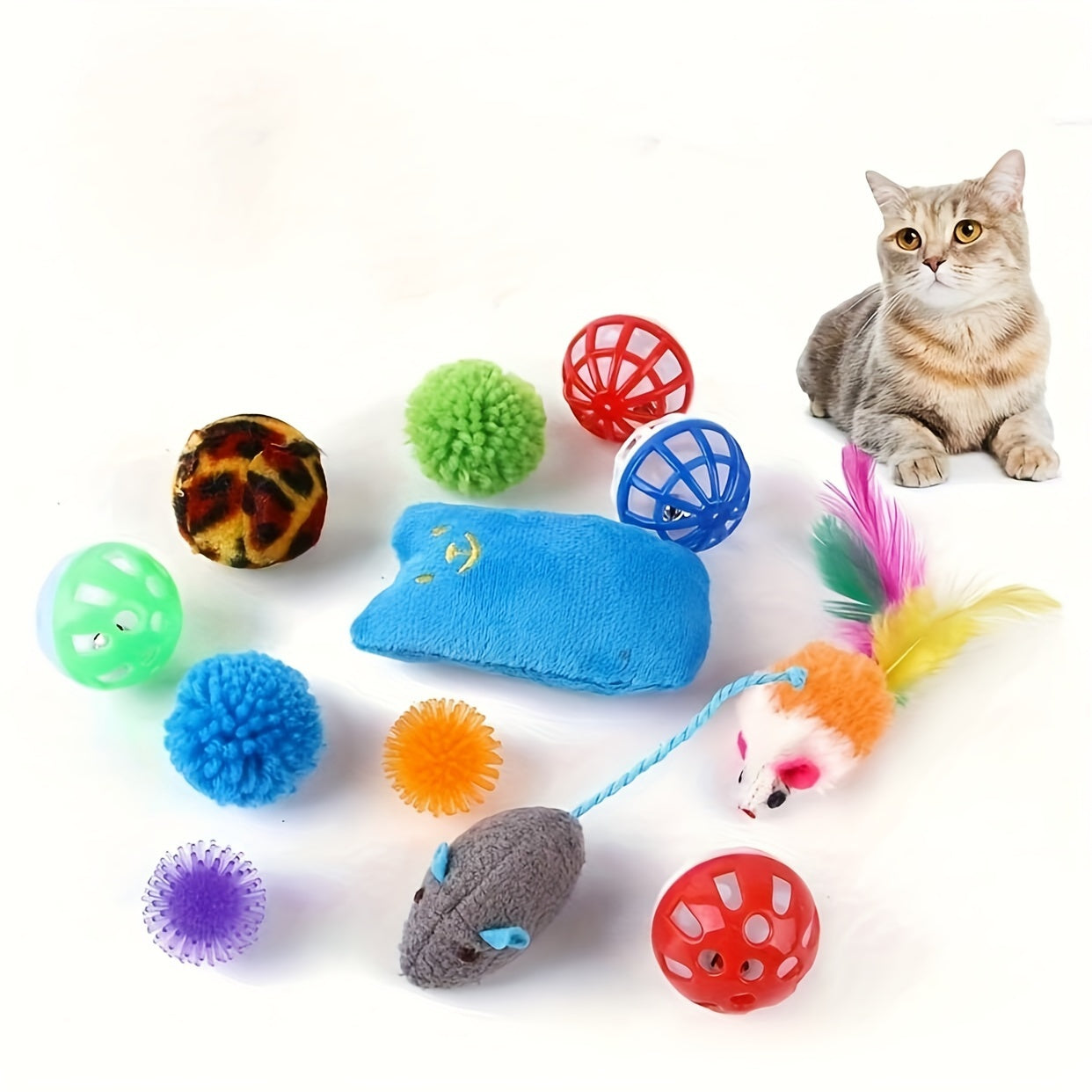 12-Piece Interactive Cat Toy Set With Feather & Mouse - Engaging Play For Kittens And Small Cats, Non-Electric, Assorted Colors
