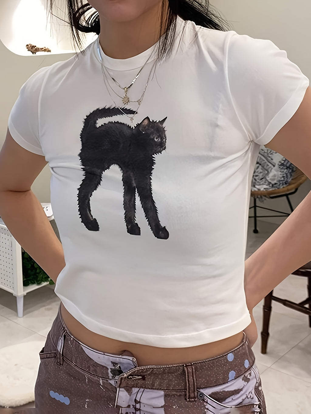 Cat Print Crew Neck T-shirt, Y2K Short Sleeve Crop Top, Women's Clothing