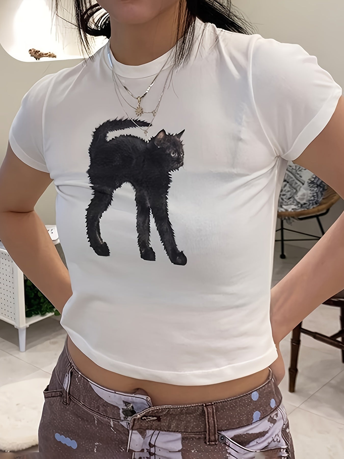 Cat Print Crew Neck T-shirt, Y2K Short Sleeve Crop Top, Women's Clothing