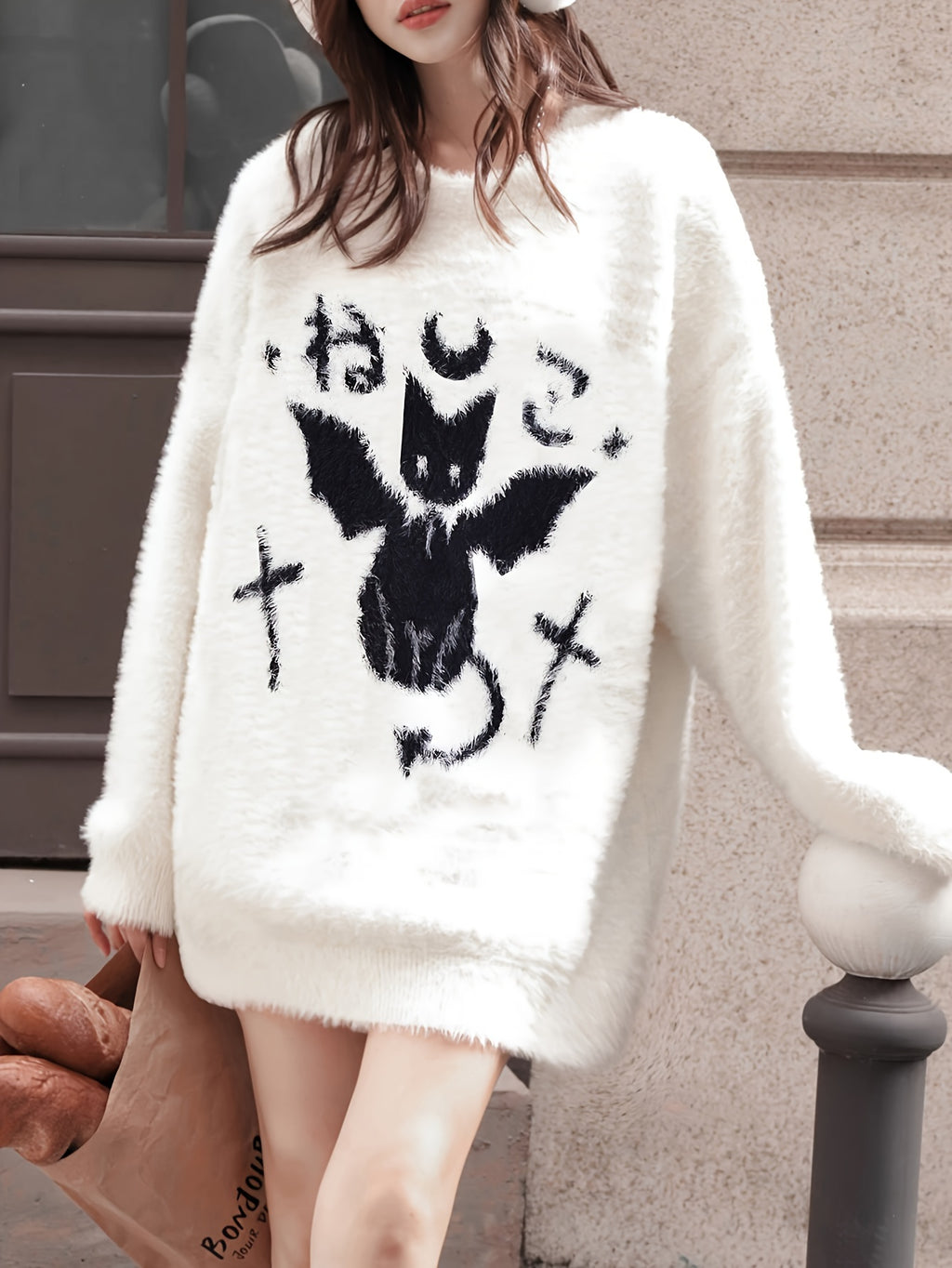 Cute Cat Pattern Plush Pullover Sweater, Casual Long Sleeve Loose Cozy Sweater, Women's Clothing