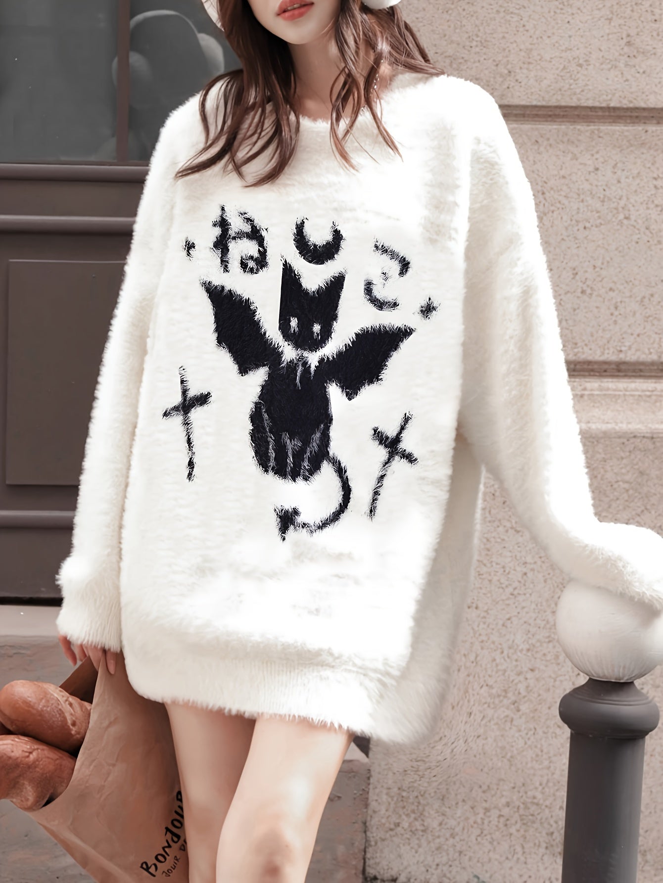 Cute Cat Pattern Plush Pullover Sweater, Casual Long Sleeve Loose Cozy Sweater, Women's Clothing