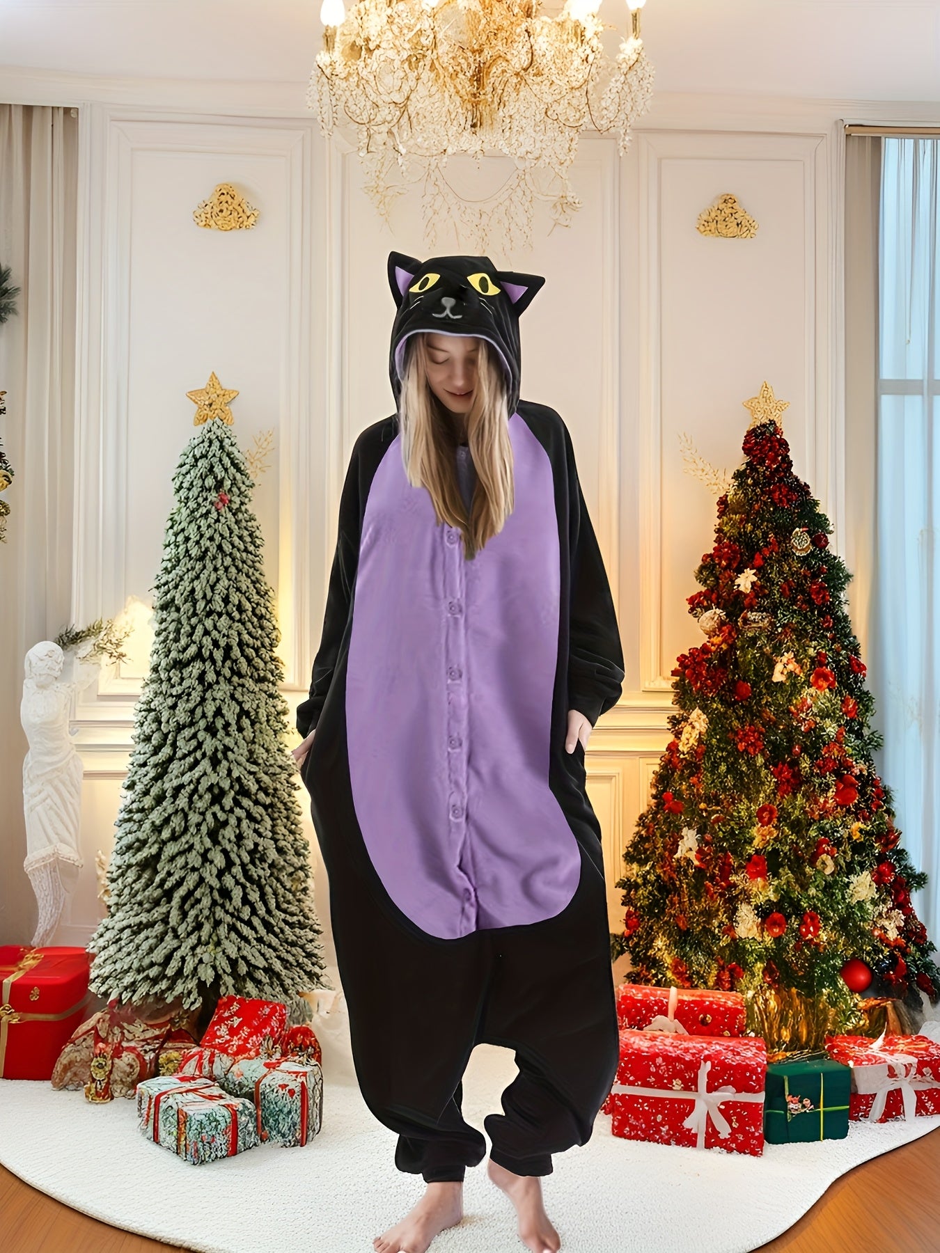 Adult Fleece Christmas Onesie, Long Sleeve Cat Romper with Crew Neck and Button Details, 100% Polyester Knit Fabric, Solid Color Party Costume for Men and Women, Winter Season