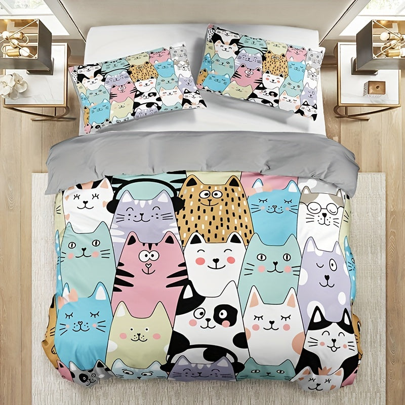 3pcs Fashion Duvet Cover Set, Cute Cartoon Cat Print Bedding Set, Soft Comfortable Breathable Duvet Cover, For Bedroom Guest Room Decor (1*Duvet Cover + 2*Pillowcase, Without Core)