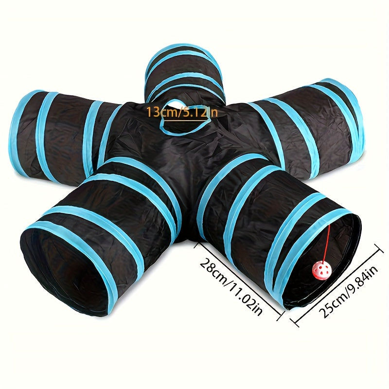 Large Collapsible Cat Tunnel with Play Ball & Interactive Peek Holes - Multi-Level Tunnel System for Indoor Cats, Kittens, Small Dogs - Heavy-Duty Tube with Blue Piping, Portable Hideout for Play & (Easy Assembly