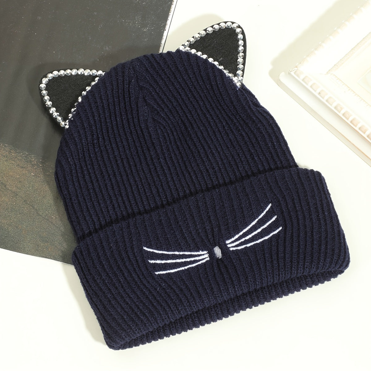 Cute Cat Beanie With Ears Trendy Solid Color Elastic Knit Hats Winter Warm Skull Cap Coldproof Beanies For Women