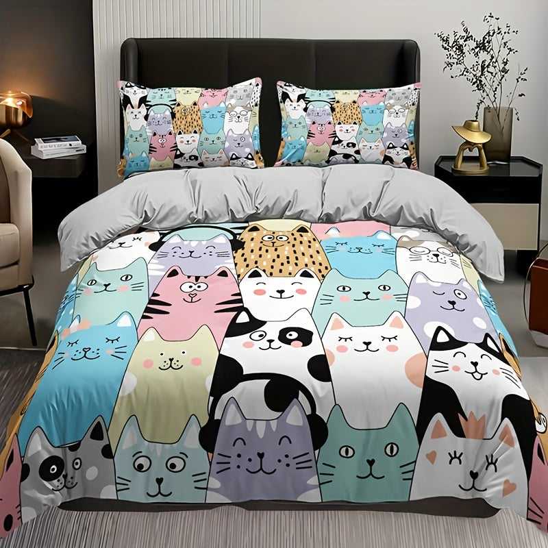 3pcs Fashion Duvet Cover Set, Cute Cartoon Cat Print Bedding Set, Soft Comfortable Breathable Duvet Cover, For Bedroom Guest Room Decor (1*Duvet Cover + 2*Pillowcase, Without Core)