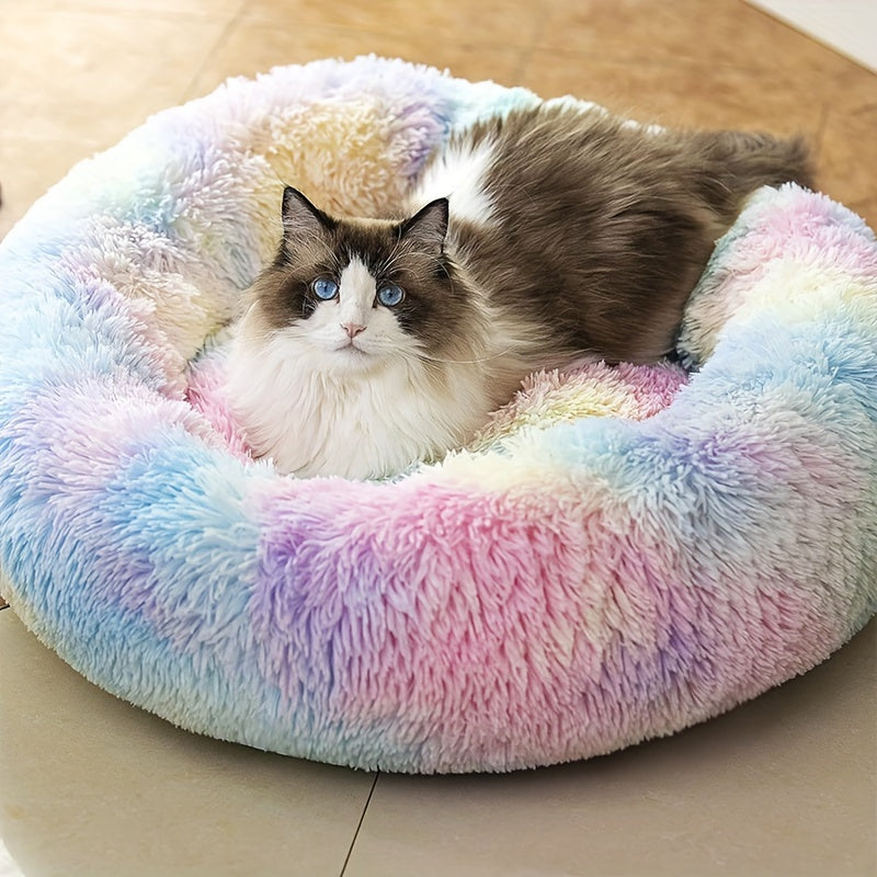 1pc Round Plush Gradient Color Calming Cat Bed, Machine Washable, Four Seasons Warm Comfortable Soft Nest, Suitable for Small and Medium Dogs and Cats, Pet Bed