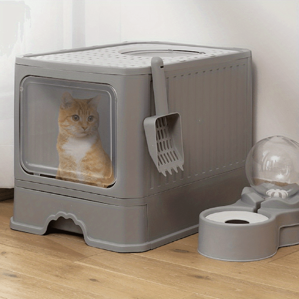 Fully Enclosed Cat Litter Box With Lid, Foldable Anti-Splashing Cat Litter Drawer With Front Flap Door And Toy Entry, Cat Toilet For Indoor Cats