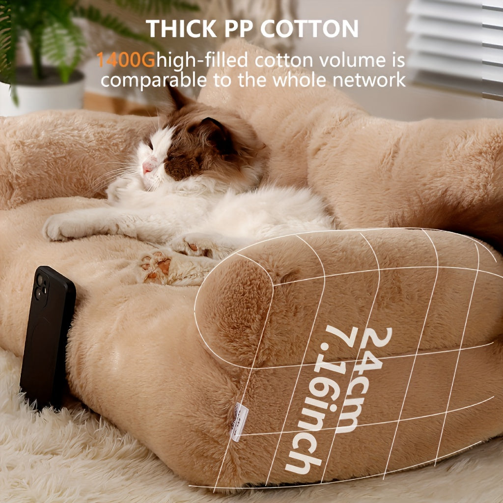 Luxurious Beige Plush Cat Bed - Ultra-Soft, Warm Sofa for Cats with Non-Slip Base & Detachable Cover - Ideal for Snoozing & Relaxing, Easy to Clean, Polyester Fill - Perfect Pet Lounger for Kittens & Cats, Kitten Bed