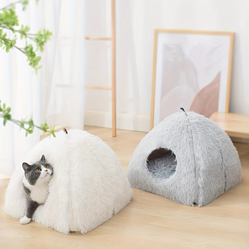 Long Plush Cozy Cat Cave Bed - Soft Polyester Pet House with Non-Slip Bottom, Removable Washable Pads & Arched Entrance Tunnel for Warmth & Comfort, Cute Hideout for Kittens & Cats, Pet Relaxation Space | Cute Cat Cave | Fluf