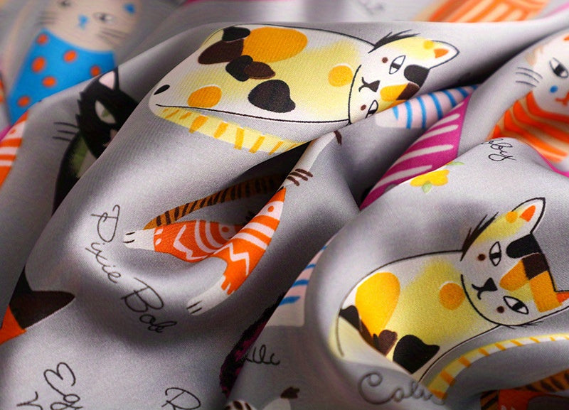 Cartoon Cat Pattern Polyester Square Scarf for Women, Cute Style, Decorative & Windproof, Breathable, Non-Elastic, with Hand Wash/Dry Clean for Parties