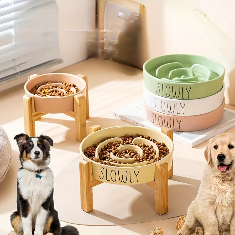 Elevated Cat Bowl, Ceramic Slow Feeder Cat Puzzle Food Bowl Water Bowl With Wooden Stand, Anti-choking Raised Dog Cat Basin To Slow Down Eating