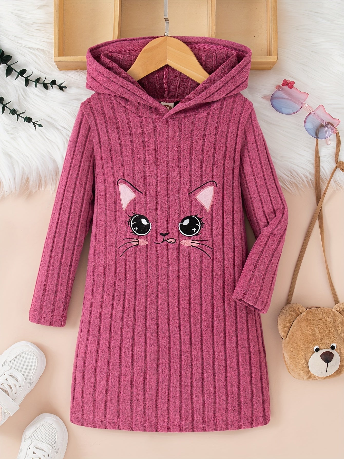 Girls Cat Pattern Knitted Long Sleeve Hooded Dress For Spring Fall Outdoor Activities