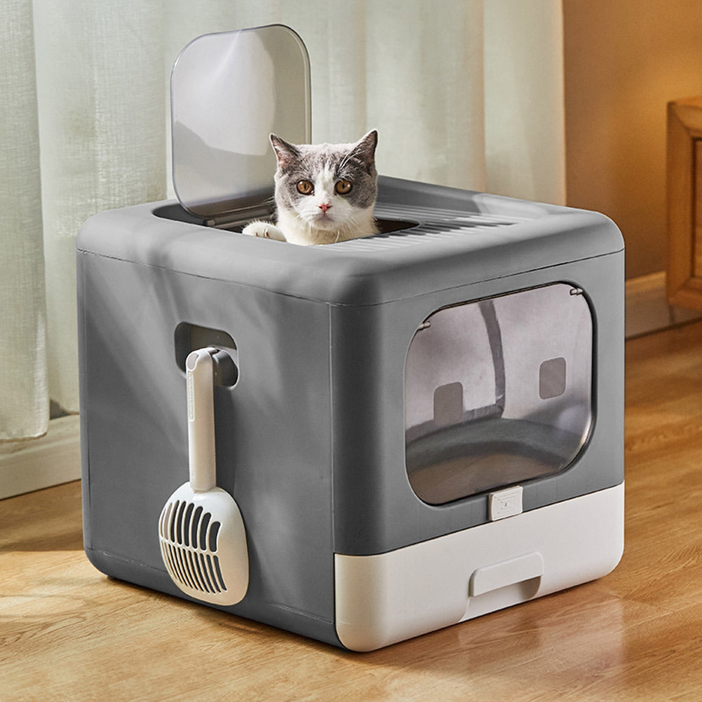 Durable Cat Litter Tray Box, Foldable Top Entry Large Cats Toilet with Lid - Hooded Kitten Litter Tray Easy Cleaning Drawer Design with Scoop | Grey, Anti-odor