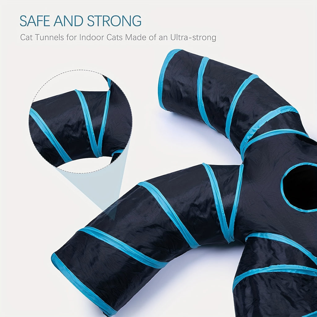 Large Collapsible Cat Tunnel with Play Ball & Interactive Peek Holes - Multi-Level Tunnel System for Indoor Cats, Kittens, Small Dogs - Heavy-Duty Tube with Blue Piping, Portable Hideout for Play & (Easy Assembly